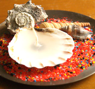 Home Decor and Handicraft: Surround the seashell candle with sands and more seashells
