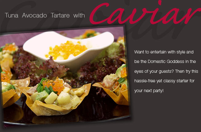 Tastebuds - Tuna Avocado Tartare with Caviar on Sesame Wonton Cups